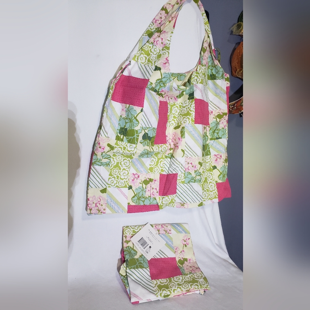 2 Vintage Country Living Patchwork Reversible Reusable Fabric Grocery Bags New